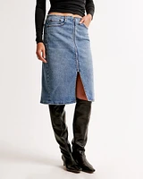 Mid Rise Denim Zip-Front Midi Skirt