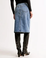 Mid Rise Denim Zip-Front Midi Skirt