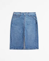 Mid Rise Denim Zip-Front Midi Skirt