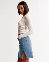 Mid Rise Denim Pencil Midi Skirt