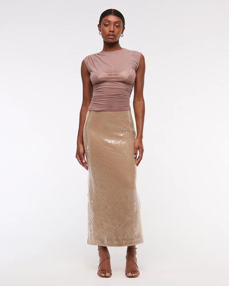 High Rise Sequin Sheer Maxi Skirt