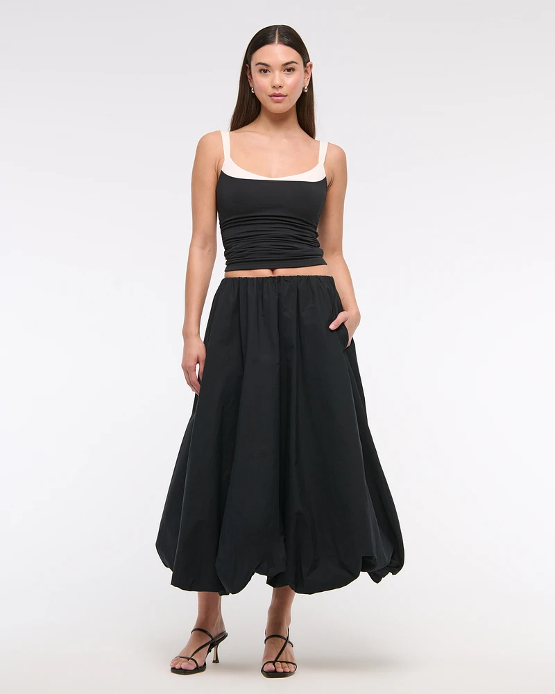 Mid Rise Bubble Hem Maxi Skirt