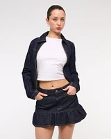 Mid Rise Drop-Waist Ruffle Denim Mini Skirt