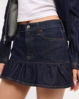 Mid Rise Drop-Waist Ruffle Denim Mini Skirt