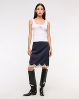 High Rise Satin Lace-Hem Midi Skirt