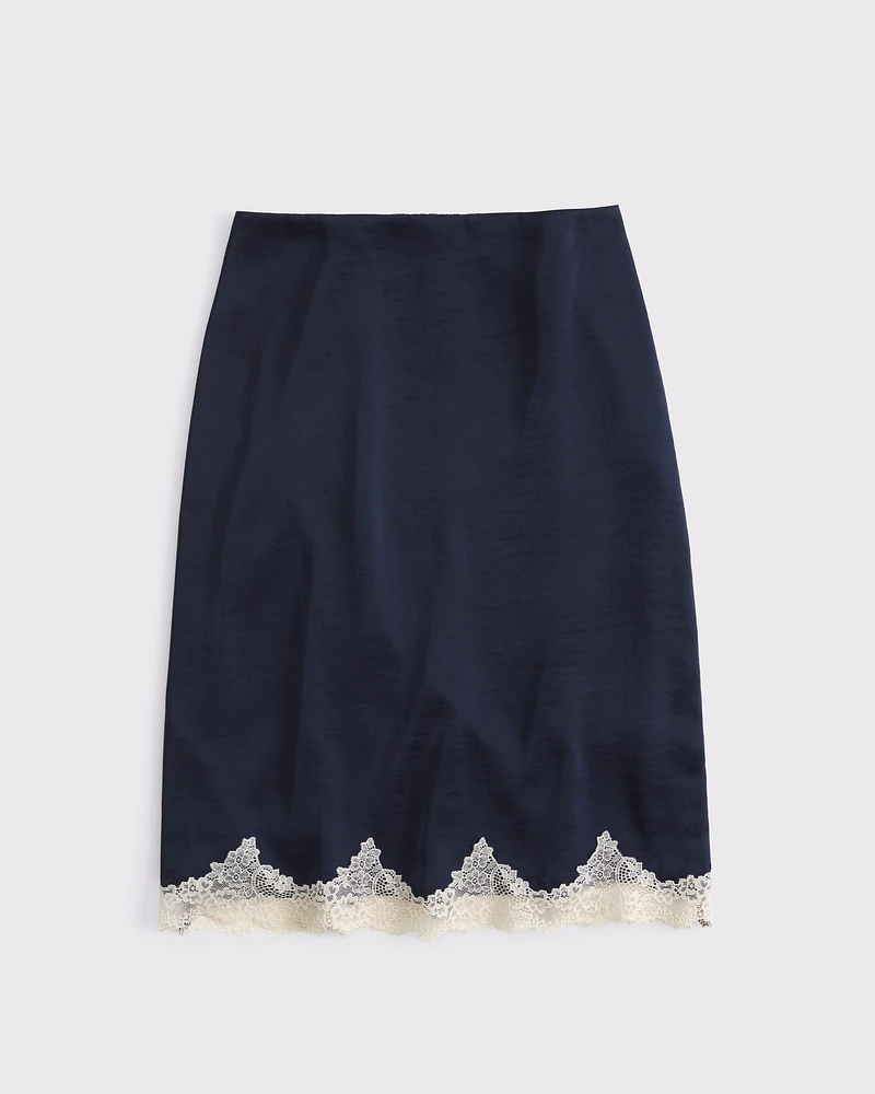 High Rise Satin Lace-Hem Midi Skirt
