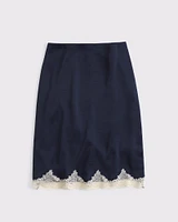 High Rise Satin Lace-Hem Midi Skirt
