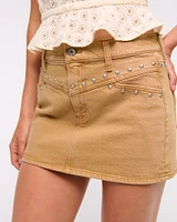 Mid Rise Studded Denim Mini Skirt