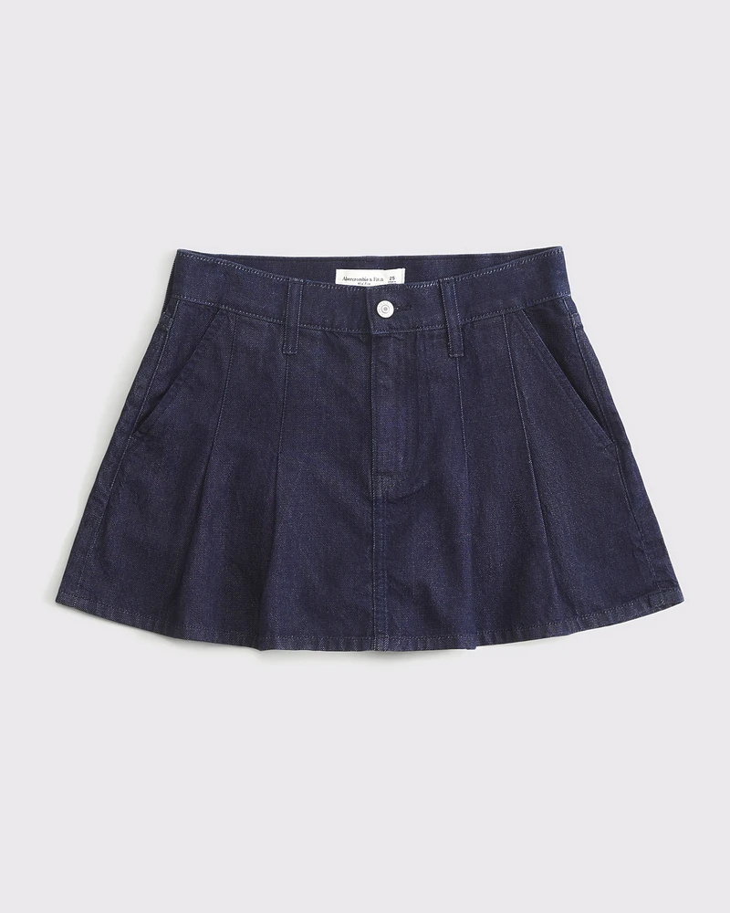 Mid Rise Denim Pleated Mini Skirt