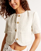 Short-Sleeve Collarless Tweed Jacket