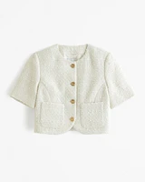 Short-Sleeve Collarless Tweed Jacket