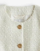 Short-Sleeve Collarless Tweed Jacket