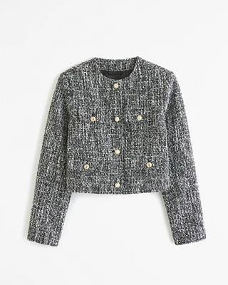 Collarless Cropped Tweed Jacket