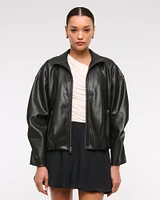 Bubble Hem Vegan Leather Bomber Jacket