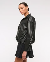 Bubble Hem Vegan Leather Bomber Jacket