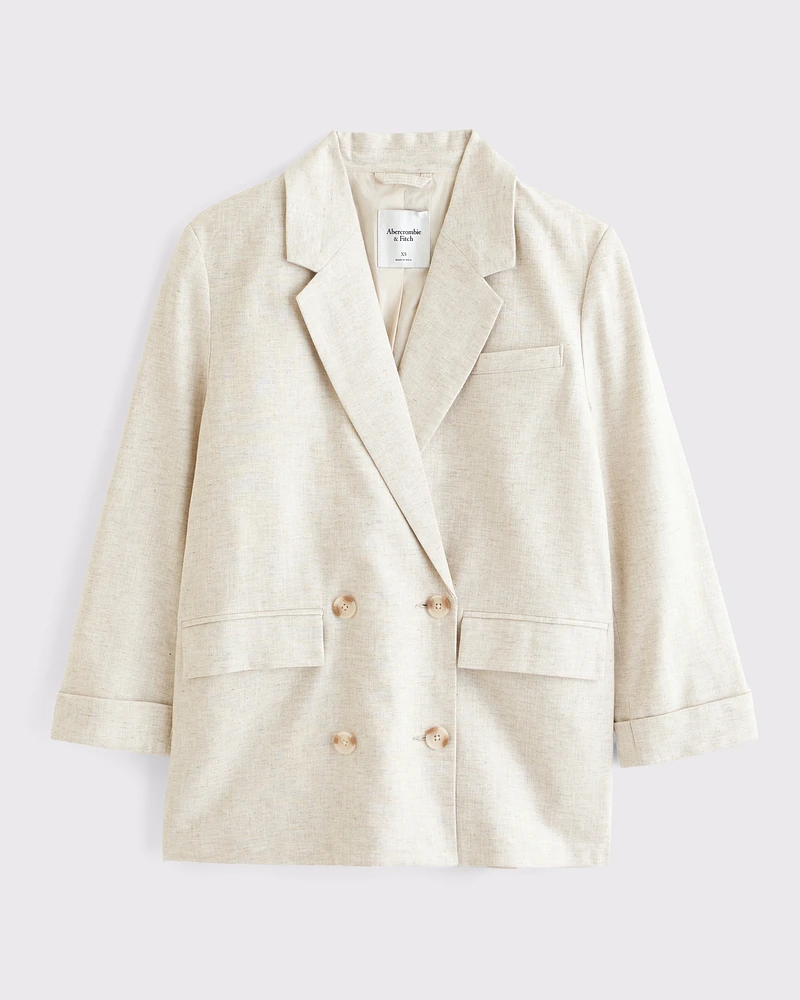 Double-Breasted Linen-Blend Slouchy Blazer