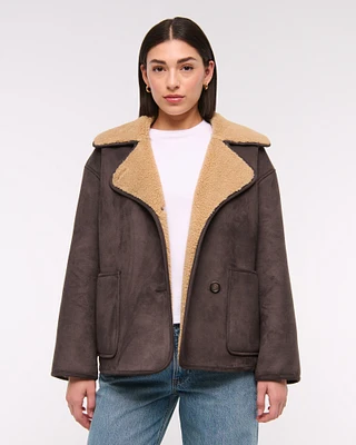 Mid-Length Vegan Suede Shearling Coat