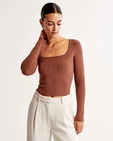 Long-Sleeve Ottoman Squareneck Top