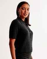 Short-Sleeve Pearl Button Collared Cardigan