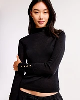 Merino Wool Button Sleeve Mockneck Top