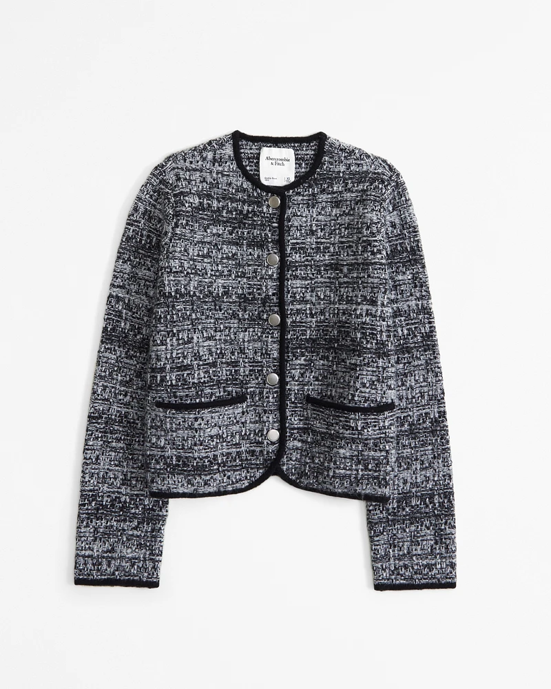 Novelty Button Tweed-Inspired Sweater Jacket