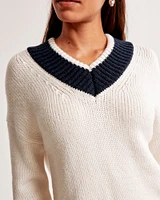 Merino Wool-Blend Contrast V-Neck Sweater