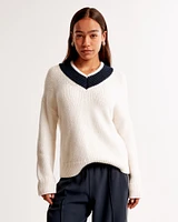 Merino Wool-Blend Contrast V-Neck Sweater