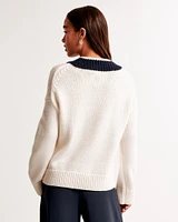 Merino Wool-Blend Contrast V-Neck Sweater