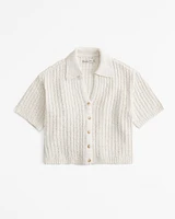 Crochet-Style Short-Sleeve Collared Cardigan