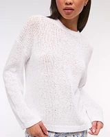 Open-Stitch Textural Crew Sweater