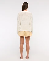 Open-Stitch Textural Crew Sweater