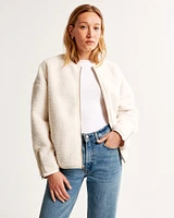 Leather Trim Collarless Sherpa Jacket