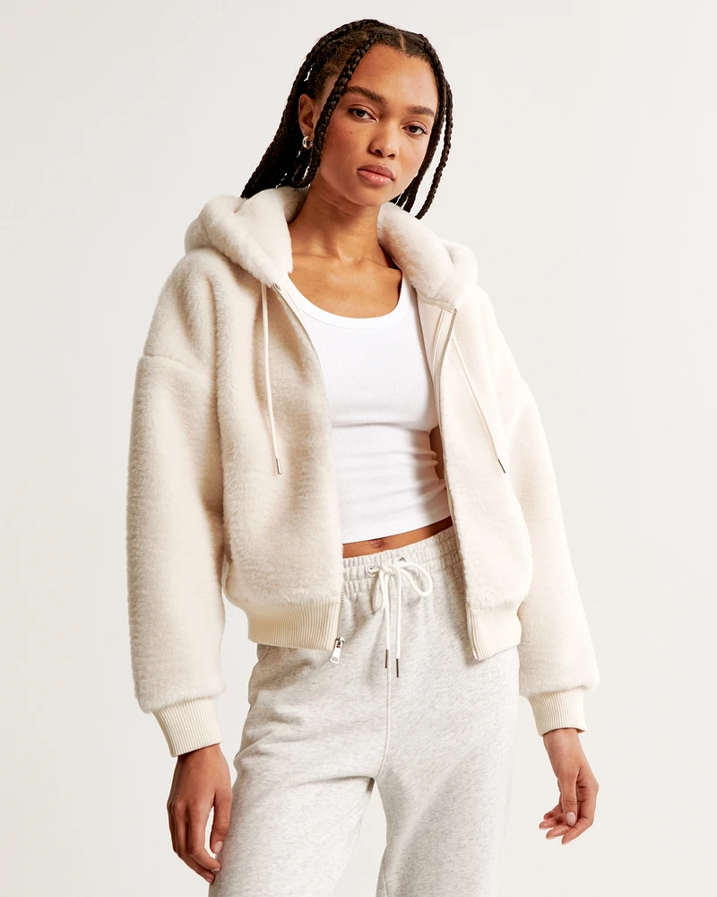 Cropped Faux Fur Hooded Full-Zip