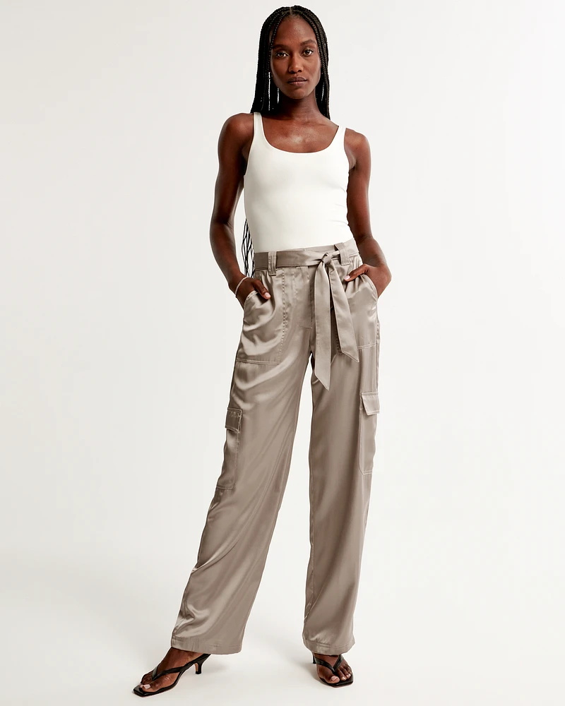 Belted Baggy Satin Cargo Pant