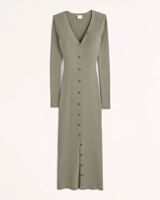 abercrombie button through maxi dress Abercrombie & Fitch + Long-Sleeve Button-Through Maxi Sweater Dress