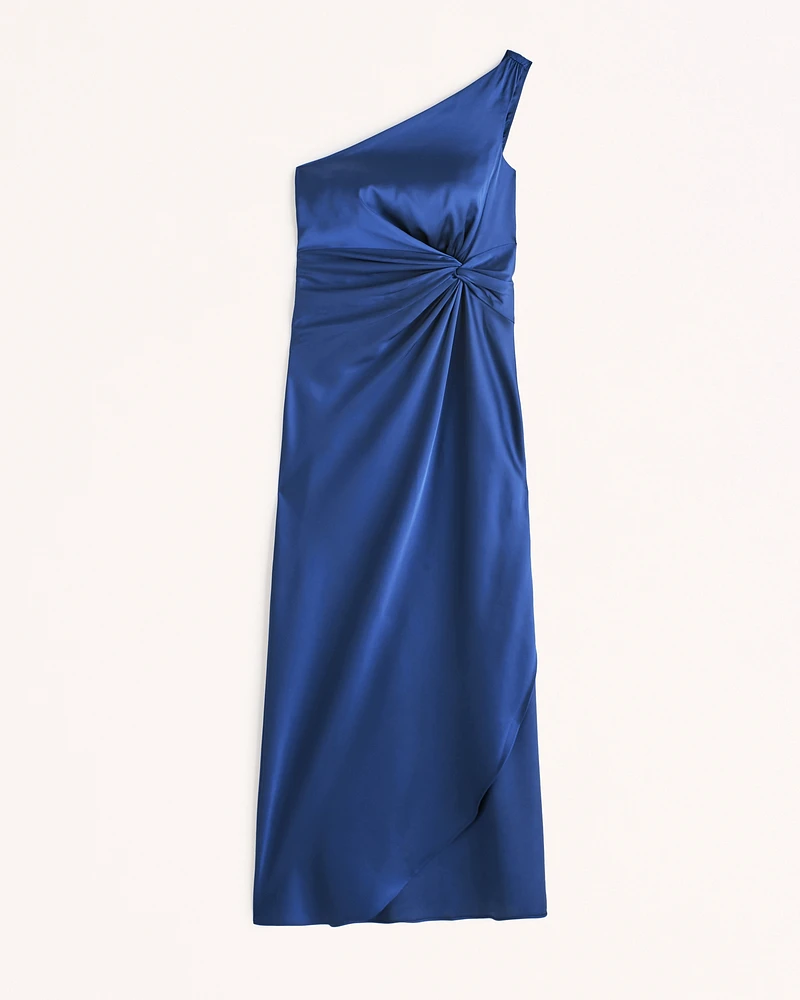 One-Shoulder Satin Knotted Midi Dress