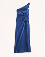 One-Shoulder Satin Knotted Midi Dress