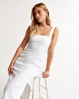 Premium Linen High-Slit Midi Dress