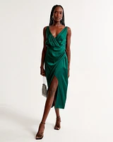 Satin Draped Wrap Midi Dress