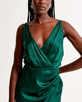 Satin Draped Wrap Midi Dress