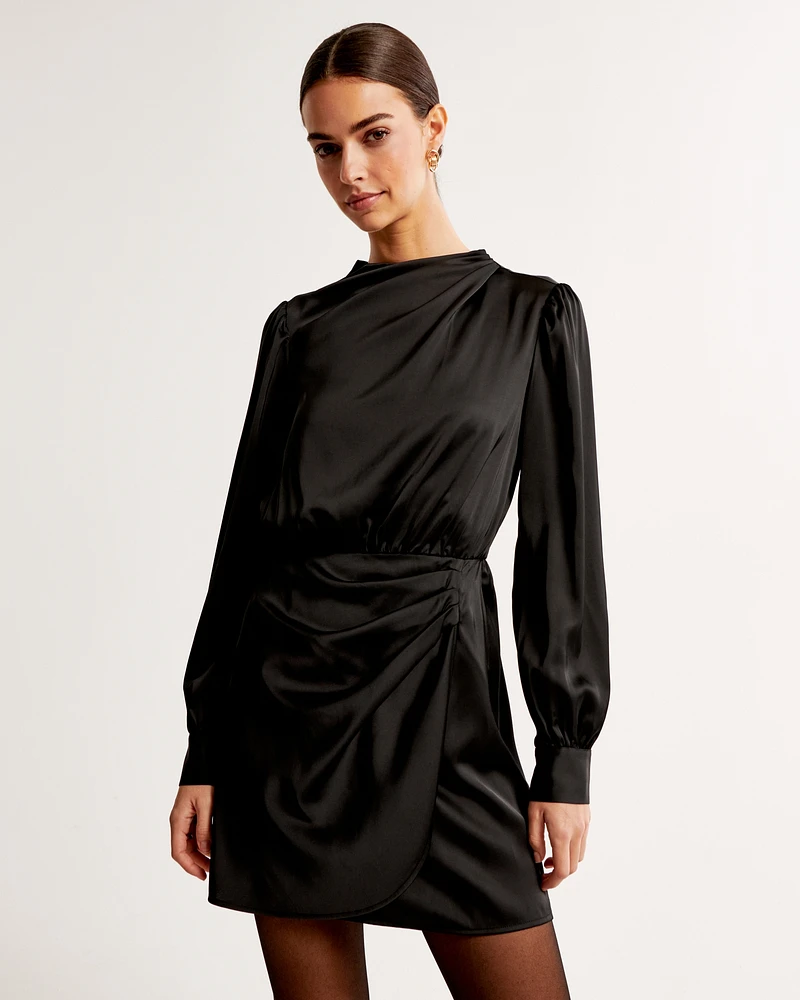 Long-Sleeve Satin Draped High-Neck Mini Dress