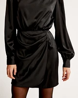 Long-Sleeve Satin Draped High-Neck Mini Dress