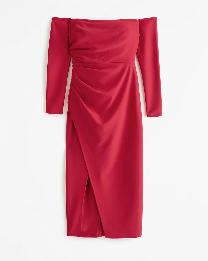 Long-Sleeve Off-the-Shoulder Crepe Midi Dress