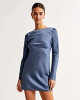 Satin Long-Sleeve Open-Back Mini Dress