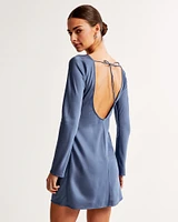 Satin Long-Sleeve Open-Back Mini Dress