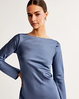 Satin Long-Sleeve Open-Back Mini Dress