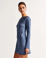 Satin Long-Sleeve Open-Back Mini Dress