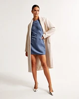 Satin Long-Sleeve Open-Back Mini Dress