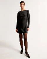 Satin Long-Sleeve Open-Back Mini Dress