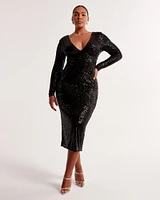 Long-Sleeve Sequin Plunge Midi Dress